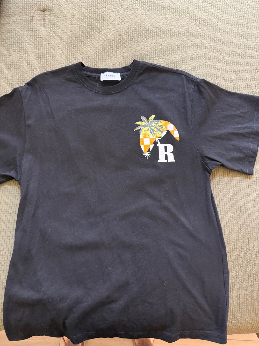 Rhude Black Tee with Yellow & Orange Palm Graphic